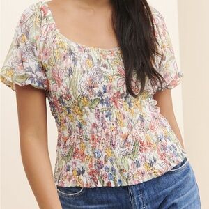 ANTHROPOLOGIE Aurelia Floral Smock Puff Sleeve Top SMALL
